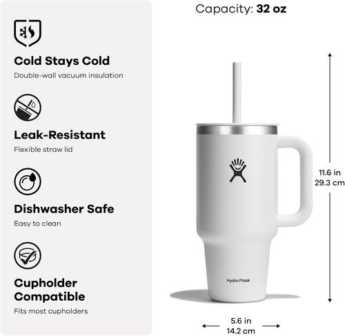 Hydro Flask Travel Tumbler with Handle, Lid and Straw - Insulated Stainless Steel in 32 Oz Agave