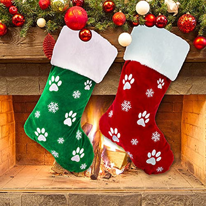 Large Christmas Stockings Set 2pcs Dog Paw & Snowflake Pattern Holiday Decor