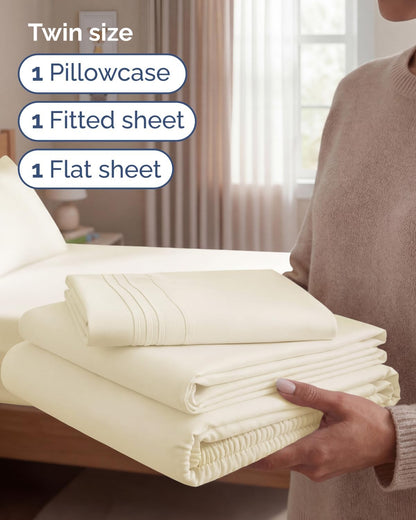 Comfy Twin Size 3-Piece Sheet Set by [Brand Name] - Breathable Cooling Bed Sheets | Ultra-Soft, Deep Pockets, Wrinkle-Free - Oeko-Tex Certified, Off White