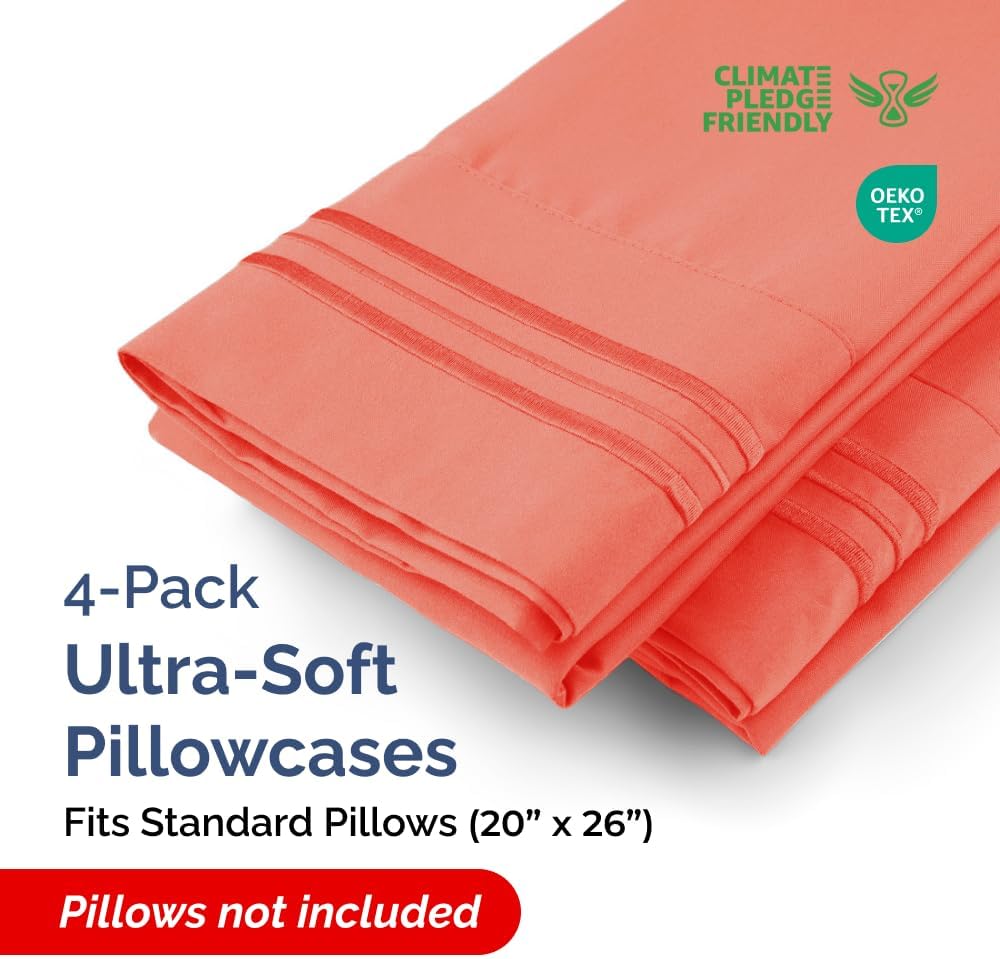 Skiennix Standard Pillow Cases Set of 4 - Ultra Soft Hotel Quality Covers - Machine Washable Coral