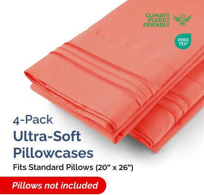 Skiennix Standard Pillow Cases Set of 4 - Ultra Soft Hotel Quality Covers - Machine Washable Coral