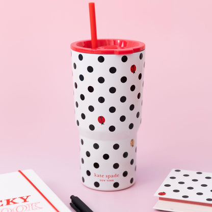 Kate Spade New York 20 Ounce Insulated Tumbler for Cold and Hot Drinks with Reusable Straw, Stainless Steel Travel Cup with Slide Top Lid, Ladybug Dot