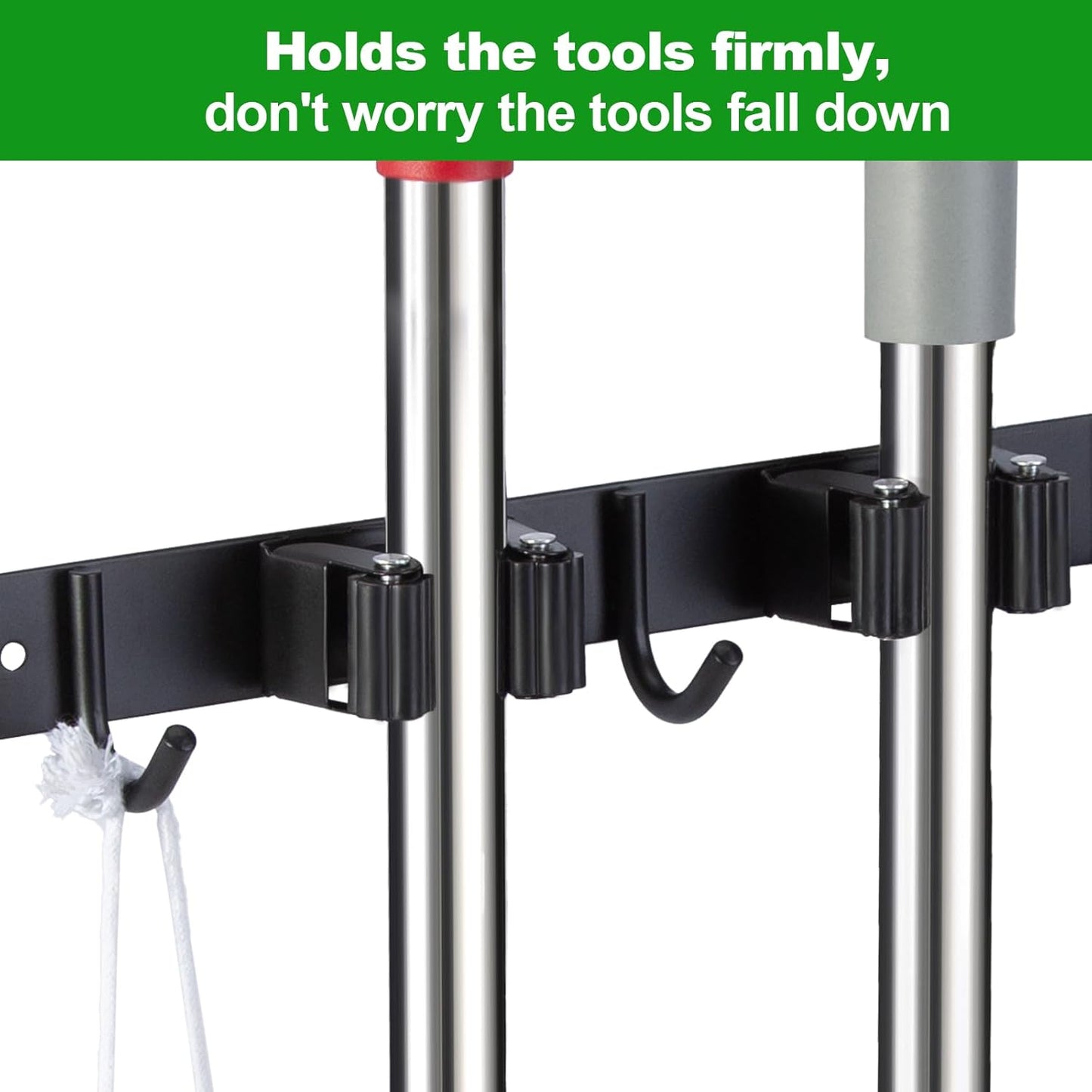 Voze Mop and Broom Holder - 2 Racks & 3 Hooks, Heavy-Duty Wall Mount Organizer for Kitchen & Garage