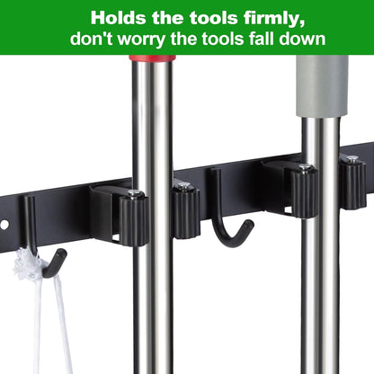 Voze Mop and Broom Holder - 2 Racks & 3 Hooks, Heavy-Duty Wall Mount Organizer for Kitchen & Garage
