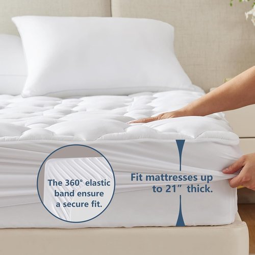 CozyLux Queen Mattress Pad - Breathable Cotton Cooling Topper | Soft Quilted Fitted Cover (60"x80", White)