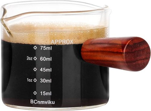 BCnmviku Double Spouts Measuring Pitcher - 75ML Clear Glass Milk Cup with Wood Handle