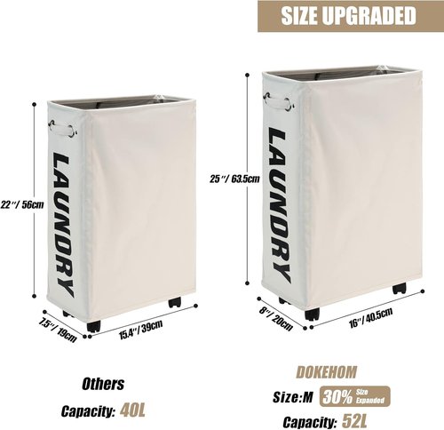 DOKEHOM Slim Rolling Laundry Basket - 25-Inch Collapsible Hamper for Space-Saving Storage | Beige