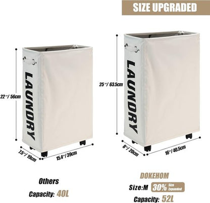 DOKEHOM Slim Rolling Laundry Basket - 25-Inch Collapsible Hamper for Space-Saving Storage | Beige