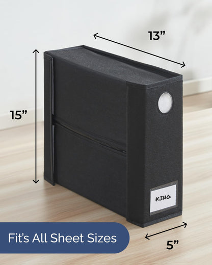 Skiennix Sheet Organizers - Foldable Storage Set for Linen Closet - King & Queen Size - Dustproof Bedding Container - Black