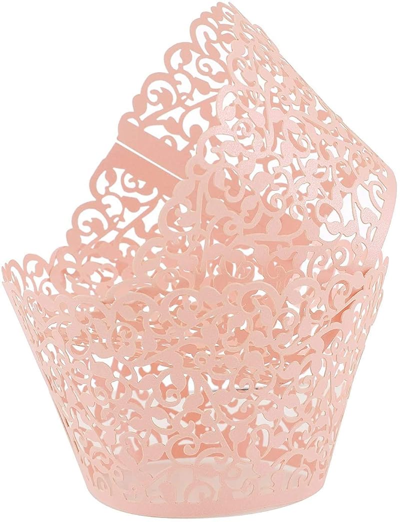 Lace Cupcake Wrappers 50pcs - Pink Hollow Out Paper Cupcake Liners for Weddings & Birthday