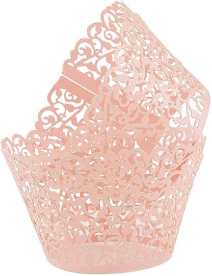 Lace Cupcake Wrappers 50pcs - Pink Hollow Out Paper Cupcake Liners for Weddings & Birthday