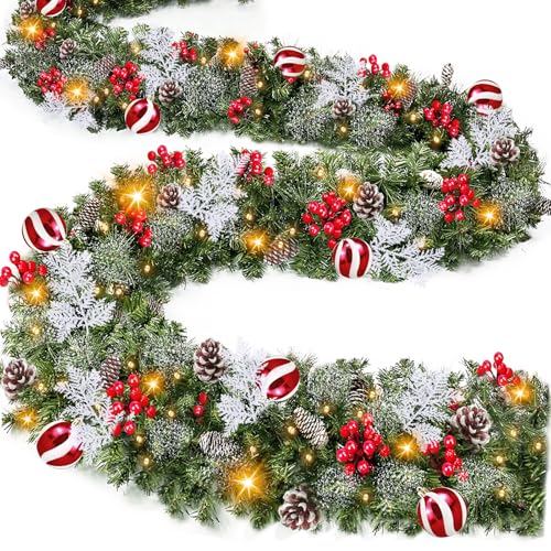 9Ft Prelit Christmas Garland with 50 Warm White Lights & Holiday Ornaments - Indoor Outdoor Decor