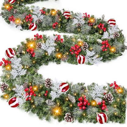 9Ft Prelit Christmas Garland with 50 Warm White Lights & Holiday Ornaments - Indoor Outdoor Decor