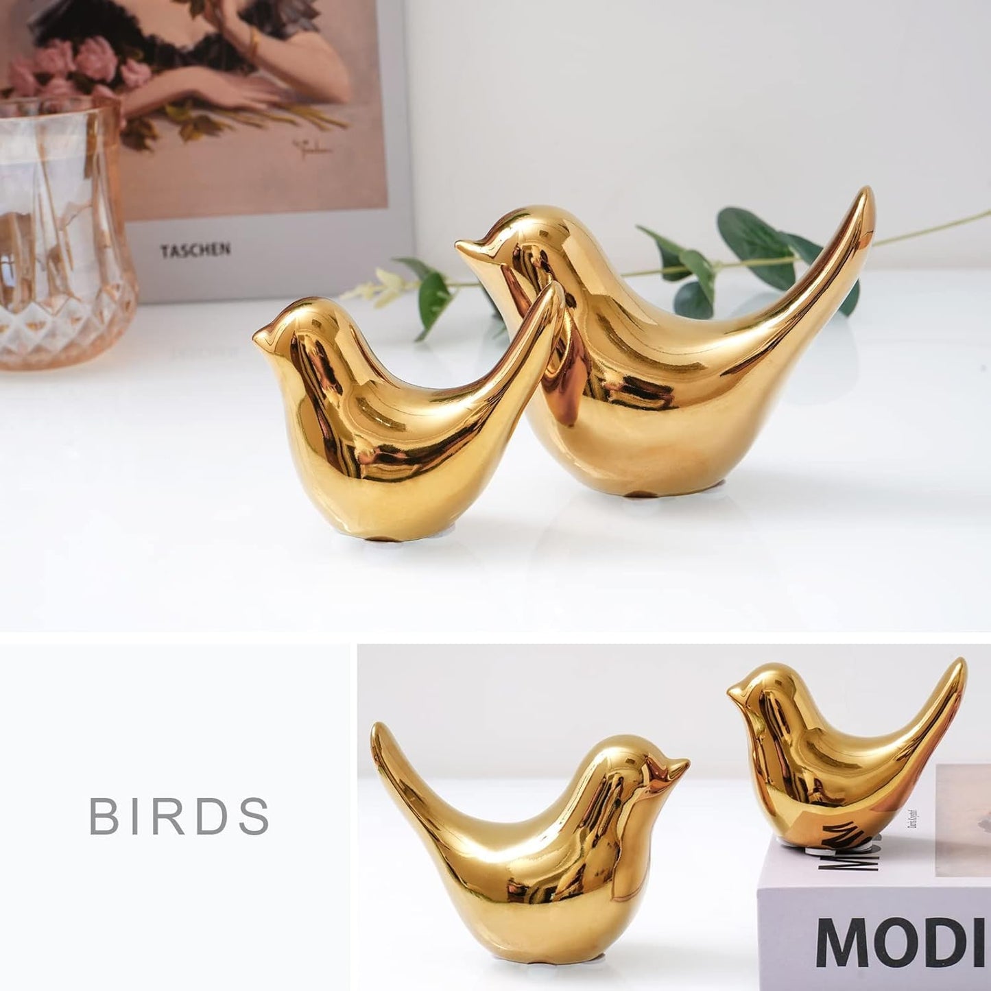 Skiennix Gold Bird Statues - Modern Home Decor Figurines for Living Room, Bedroom & Office | Large Size