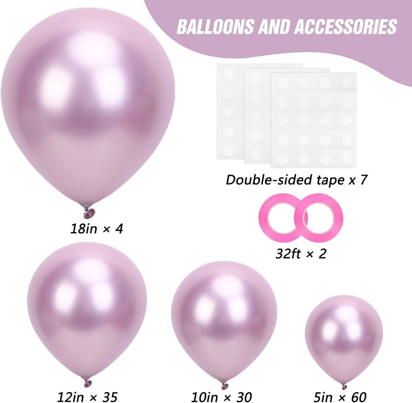 RUBFAC Metallic Pink Balloons - 129-Piece Latex Chrome Balloon Garland Kit for Parties & Events