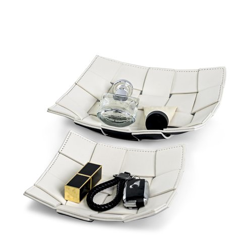 2 Pack PU Leather Valet Tray for Men, Key Holder Bowl for Entryway Table Catchall Storage Organizer EDC Dump Tray for Wallet, Keys, Coins - Large+Small, 9.8" L x 9.8" W x 2" H/7.1" D x 7.1" W x 2" H