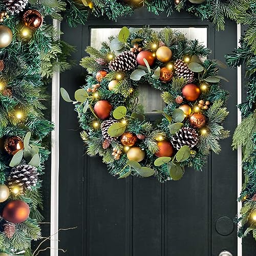 Pre-Lit 20 Inch Copper Gold Christmas Wreath for Front Door - Variation 07 Copper Gold