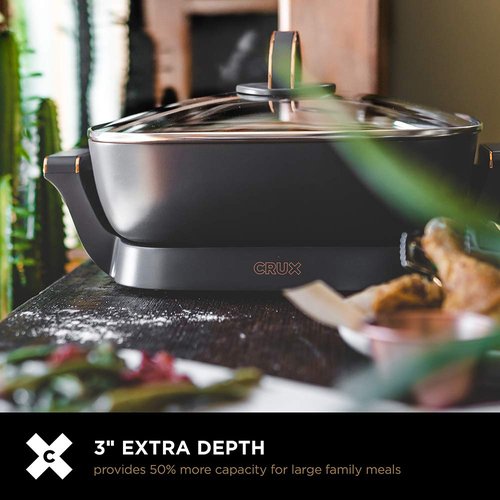 CRUX Electric Skillet with Glass Lid - Nonstick Scratch Resistant Ceramic Pan, Extra Deep with Removable Temperature Probe, 12" x 12", 1200 Watts, PFOA & PTFE Free