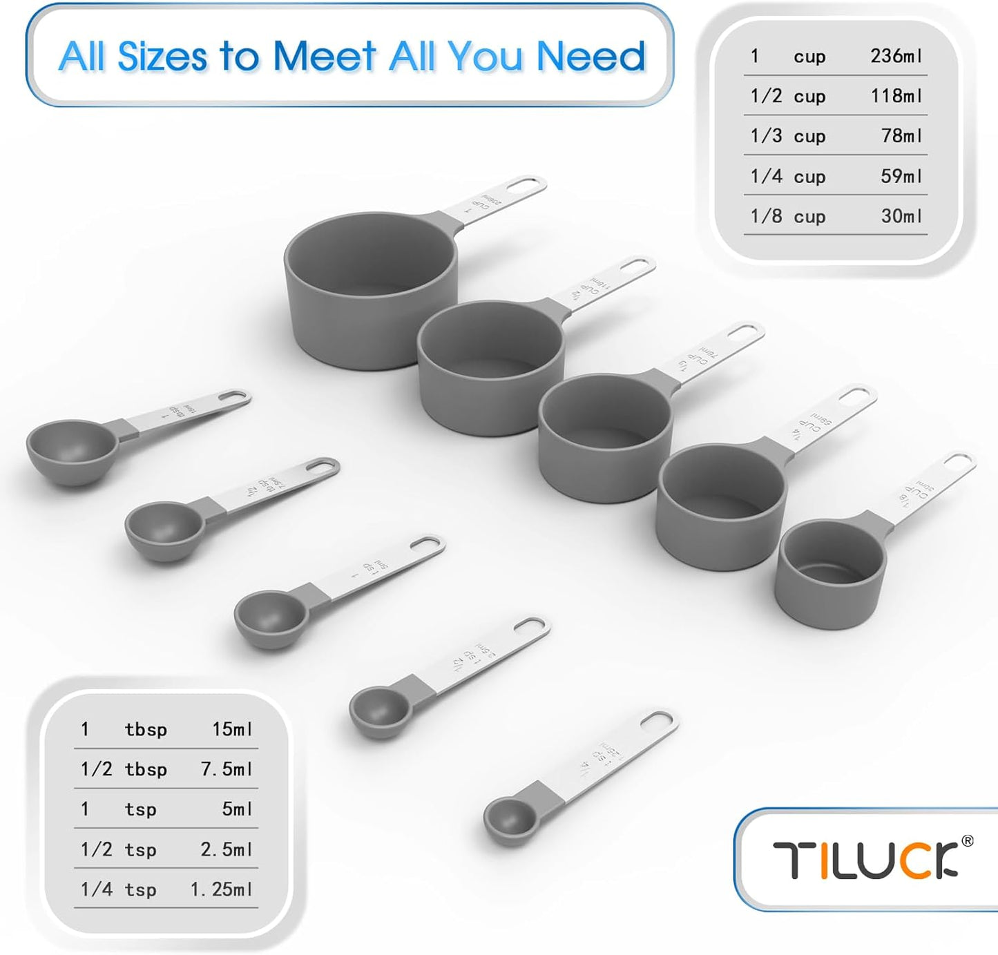 TILUCK Measuring Cups & Spoons Set - Stackable Kitchen Gadgets with Stainless Steel Handle | Gray