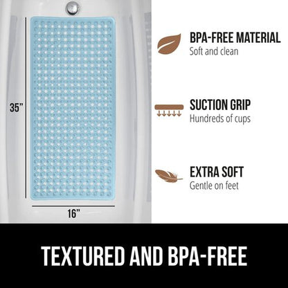 GORILLA GRIP Patented Bath Tub Shower Mat, 2 Pack, 35"x16" Washable Bathtub Floor Mats, Suction Cups and Drain Holes to Keep Tubs Clean, Blue