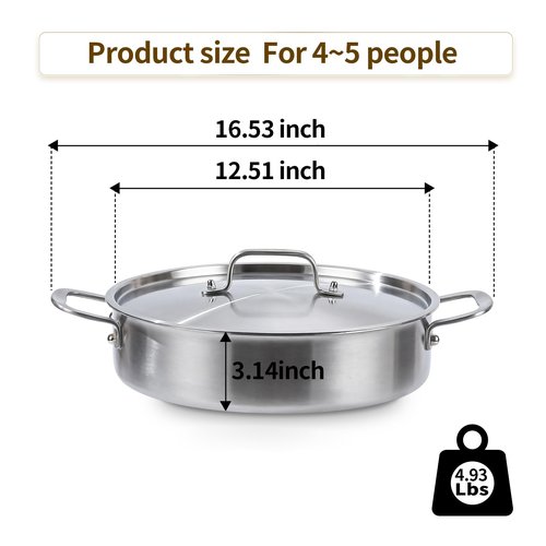 DELARLO Tri-Ply Stainless Steel 5 Quart Braiser Pan with Lid Induction Rondeau Pot With Lid 12inch Deep Frying Pan Large Saute Pan Heavy Duty Style Compatible With All Cooktops Up to 650℉