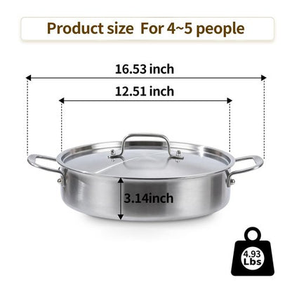 DELARLO Tri-Ply Stainless Steel 5 Quart Braiser Pan with Lid Induction Rondeau Pot With Lid 12inch Deep Frying Pan Large Saute Pan Heavy Duty Style Compatible With All Cooktops Up to 650℉