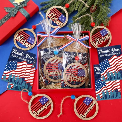 Patriotic Wooden Ornaments Set - Round Veterans Day Gifts Bulk 24 Pieces