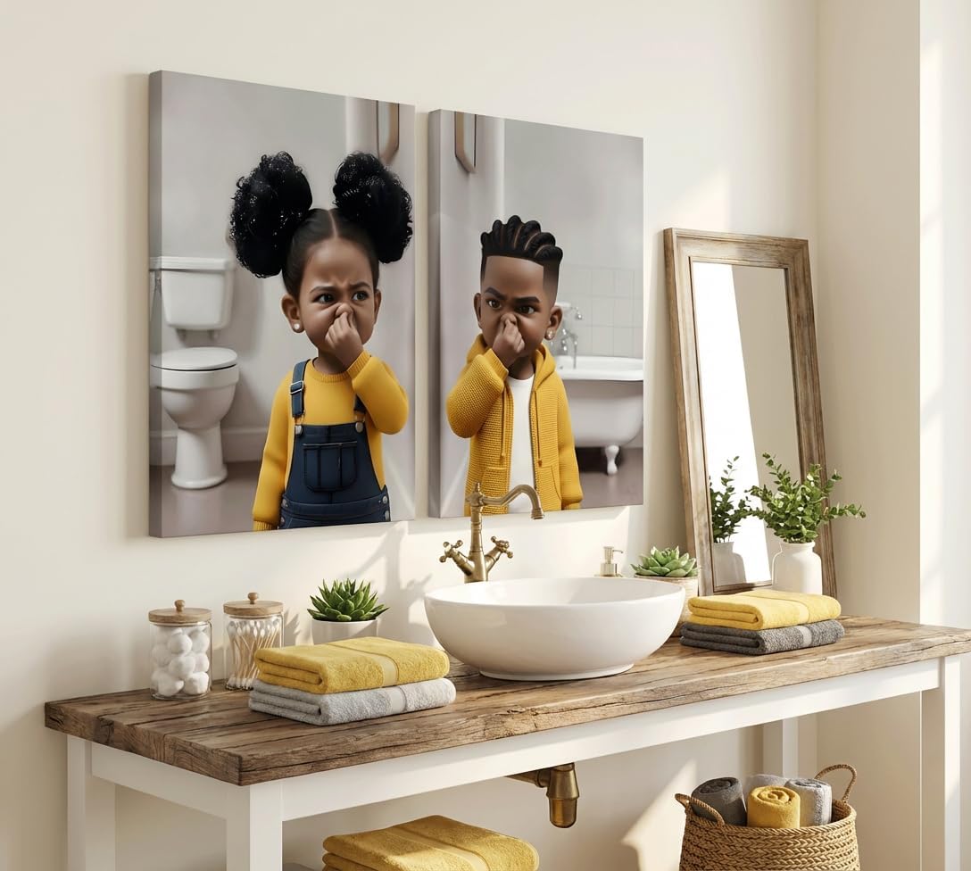 Regine Switzerland Funny Bathroom Canvas Wall Art - Cute Black Kids Stank Face Decor | 8x10in Prints