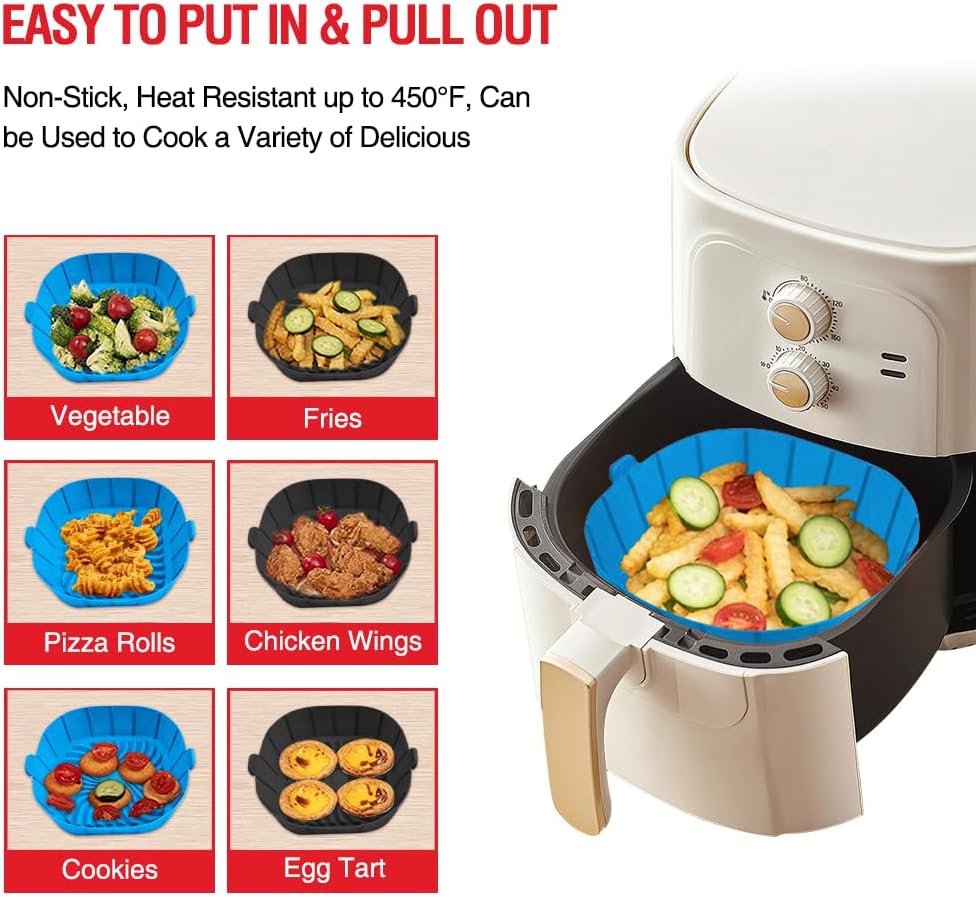Skiennix Air Fryer Silicone Liners - Non-Stick Reusable Pot Basket for 2 to 3 QT | 2 Pack Square Inserts