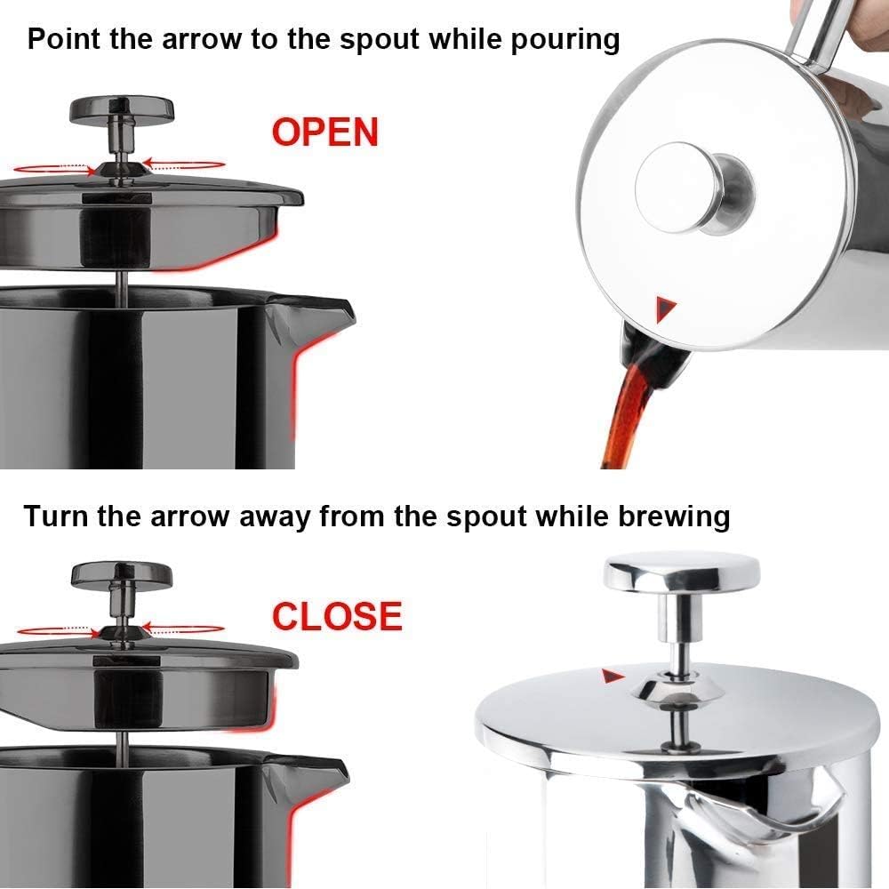 Secura French Press Coffee Maker - 304 Grade Stainless Steel Insulated Design | 34oz (1 Litre), Silver