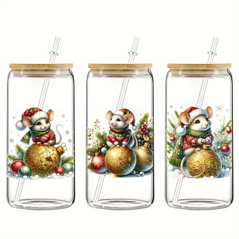 Christmas Mouse Bell Flower UV DTF Cup Wraps Waterproof Stickers for Glassware Crafts