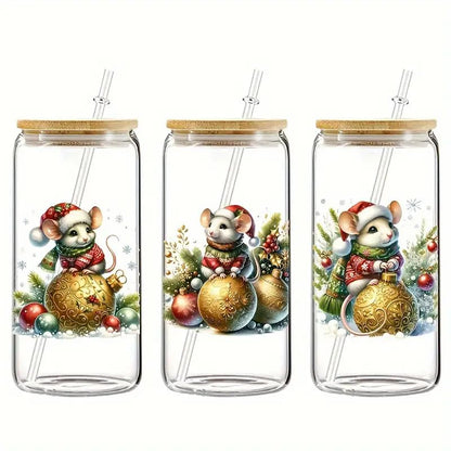 Christmas Mouse Bell Flower UV DTF Cup Wraps Waterproof Stickers for Glassware Crafts