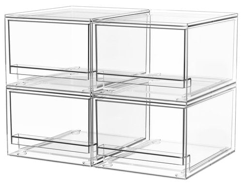 A-LuGei 【𝟰𝗣𝗖𝗦】 Acrylic Stackable Storage Drawers, 7.5" L Makeup Organizer, Bathroom Organizer and Storage, Plastic Storage Bins for Kitchen Cabinet Pantry Medicine Fridge
