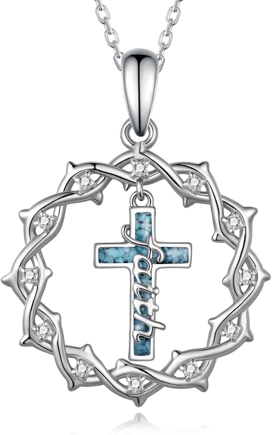 Regine Switzerland 925 Sterling Silver Cross Necklace - Turquoise Crown of Thorns Pendant for Women