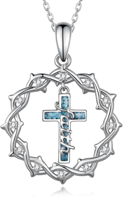 Regine Switzerland 925 Sterling Silver Cross Necklace - Turquoise Crown of Thorns Pendant for Women