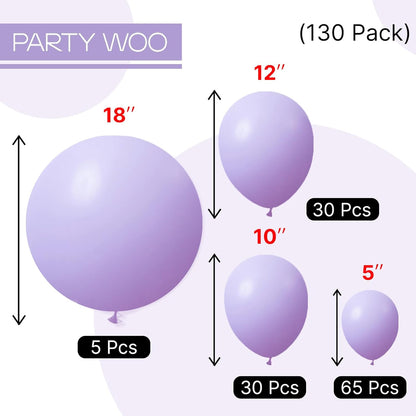 PartyWoo Lavender Balloons - 130-Piece Pack in Light Pastel Purple | Perfect for Baby Showers & Birthday Parties