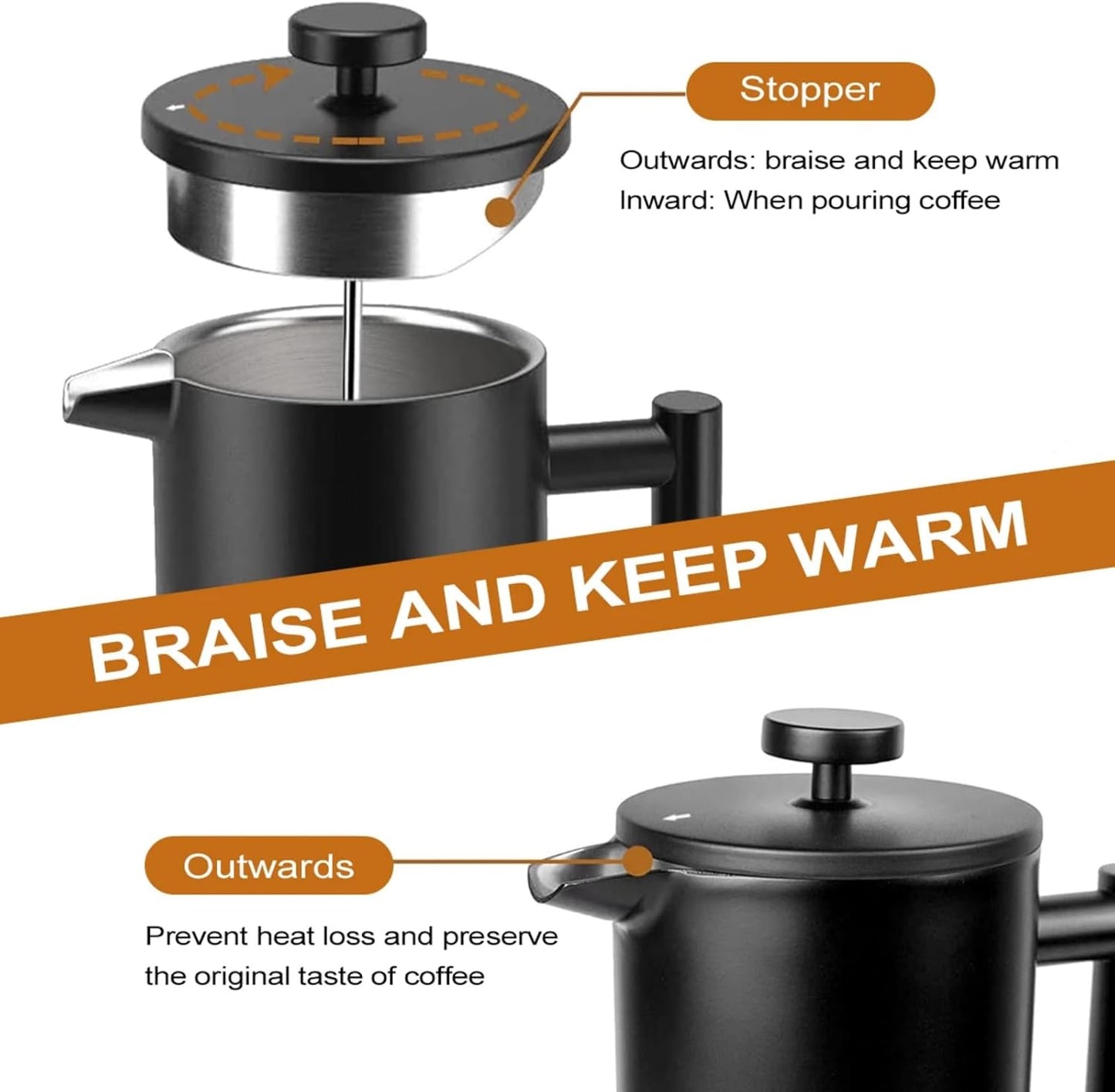 Skiennix French Press Coffee Maker - Stainless Steel Insulated 34 oz | Portable Hot & Cold Brew Teapot for Coffee Lovers