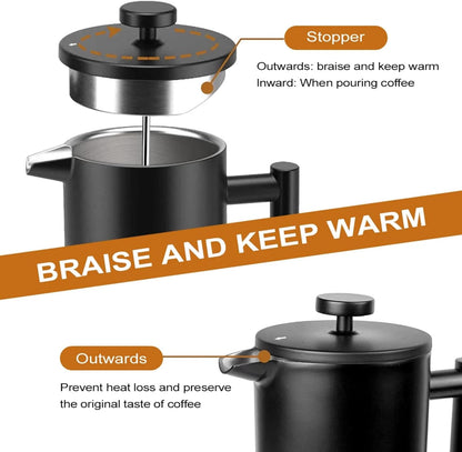 Skiennix French Press Coffee Maker - Stainless Steel Insulated 34 oz | Portable Hot & Cold Brew Teapot for Coffee Lovers
