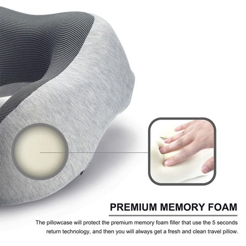 napfun Neck Pillow for Travel with Travel Pouch, Sleep Mask & Earplugs, Memory Foam Airplane Pillow for Headrest Sleep with Eyeshades, Plane Essentials with Eye Blindfold, Light Gray Kit