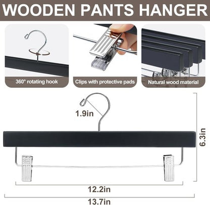 BAGAIL 20-Pack Wooden Pants Hangers - Adjustable Clips & 360° Swivel Hook | Space-Saving Skirt Holders (Black)