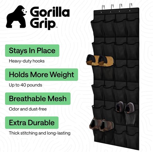GORILLA GRIP Over The Door Shoe Organizer - 24 Extra Large Breathable Mesh Pockets | Space-Saving Storage in Black