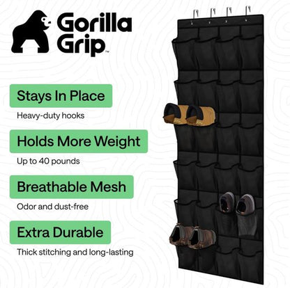 GORILLA GRIP Over The Door Shoe Organizer - 24 Extra Large Breathable Mesh Pockets | Space-Saving Storage in Black