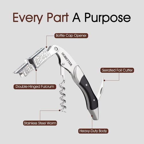 GOBETTER Wine Opener, Professional Corkscrews for Wine Bottles Cap Remover, Manual Wine Key for Home Use, Servers, Waiters Bartenders and Wine Lovers, Ebony Wood