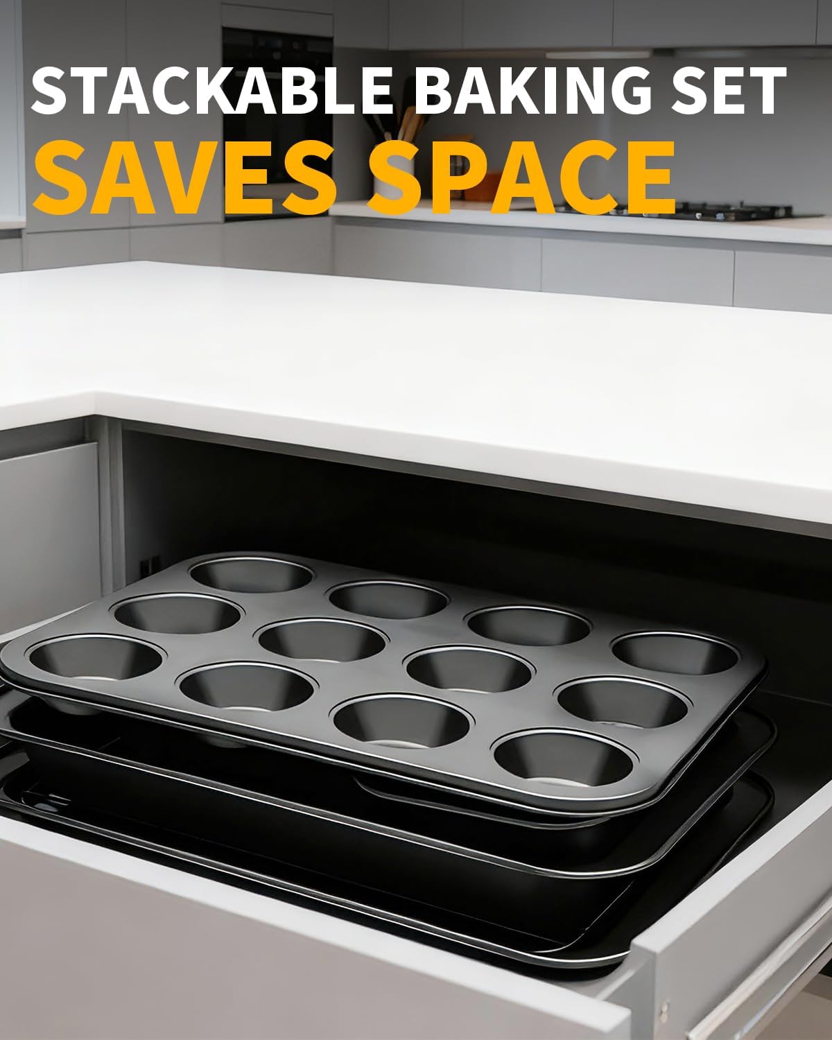 Skiennix Nonstick Baking Pans Set - 19 PCS Stackable Bakeware with Cookie Sheet, Cake Pans & Muffin Pan