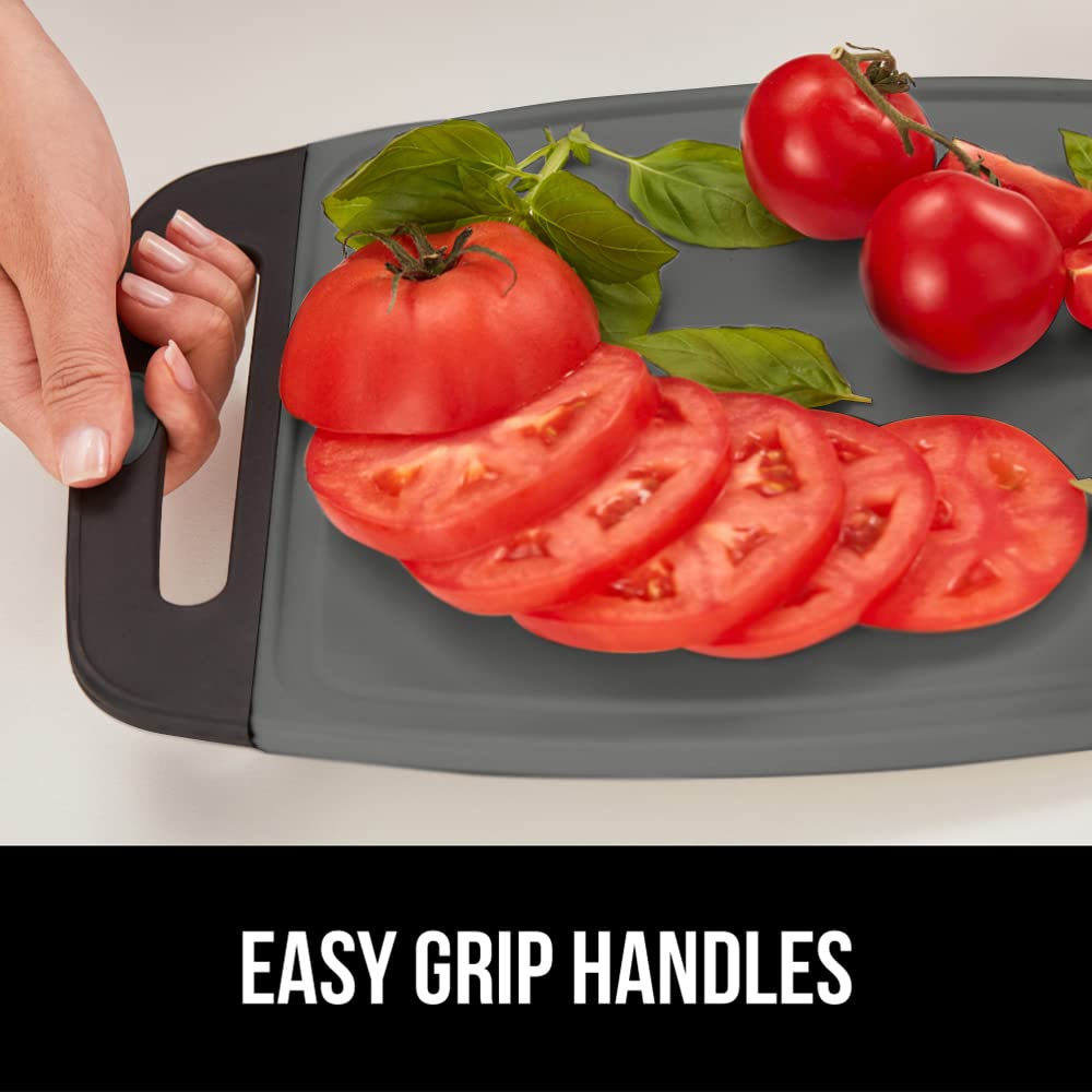 The Original Gorilla Grip Oversized 100% BPA Free Reversible Durable Kitchen Cutting Board Set of 3, Juice Grooves, Dishwasher Safe, Easy Grip Handle Border, Food Chopping Boards, Cooking, Black Gray