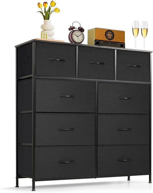 Skiennix 9-Drawer Dresser - Anti-Tip Tall Storage Organizer with Wooden Top & Metal Frame | Black