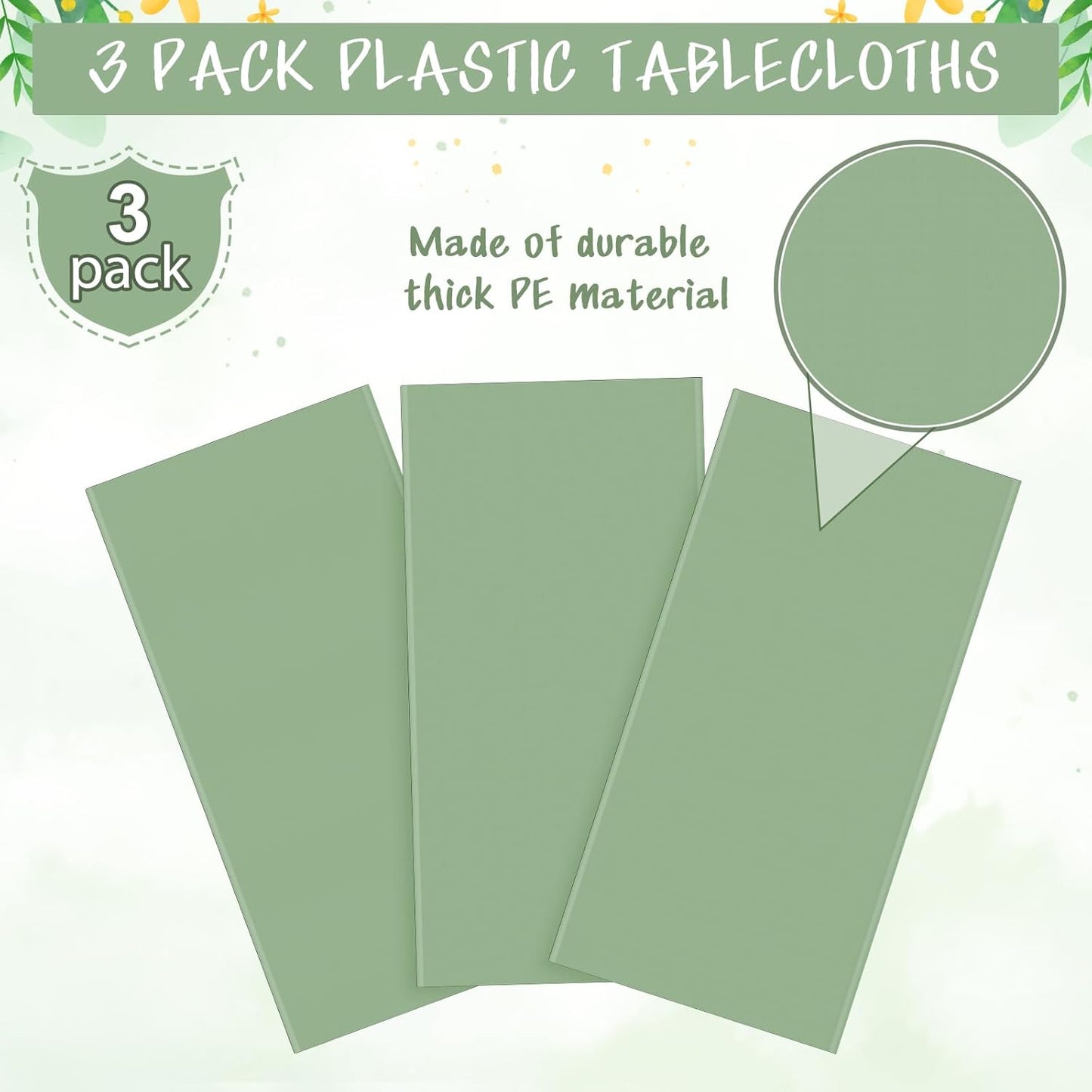 Skiennix Sage Green Tablecloths - Waterproof Disposable Covers for Rectangle Tables | 54 x 108 Inch, 3-Pack