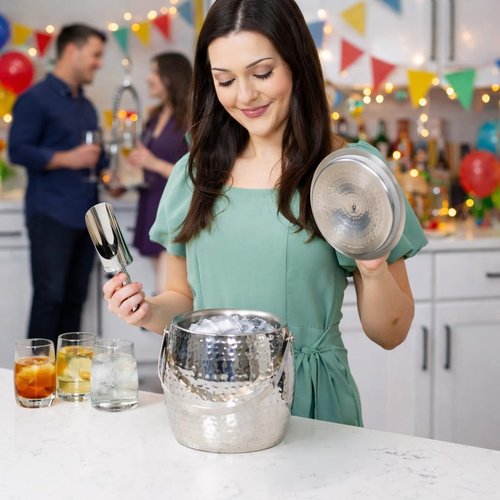 BREKX 3-QT Insulated Ice Buckets for Parties with Lid and Scoop - Iceberg Anchored Wine Chiller Champagne Bucket for Cocktail Bar, Metal Bucket with Lid, Non-Sweat