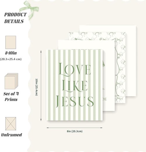 LARTSFRO Coquette Wall Art Decor - Sage Green Bow Aesthetic Prints | Inspirational Bible Verses, 8x10 Inch Set of 4 (Unframed)