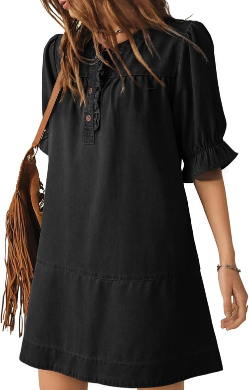 Dokotoo Women's Denim Dress 2026 Babydoll Dress Casual Ruffle Short Sleeve Button Jean Dresses
